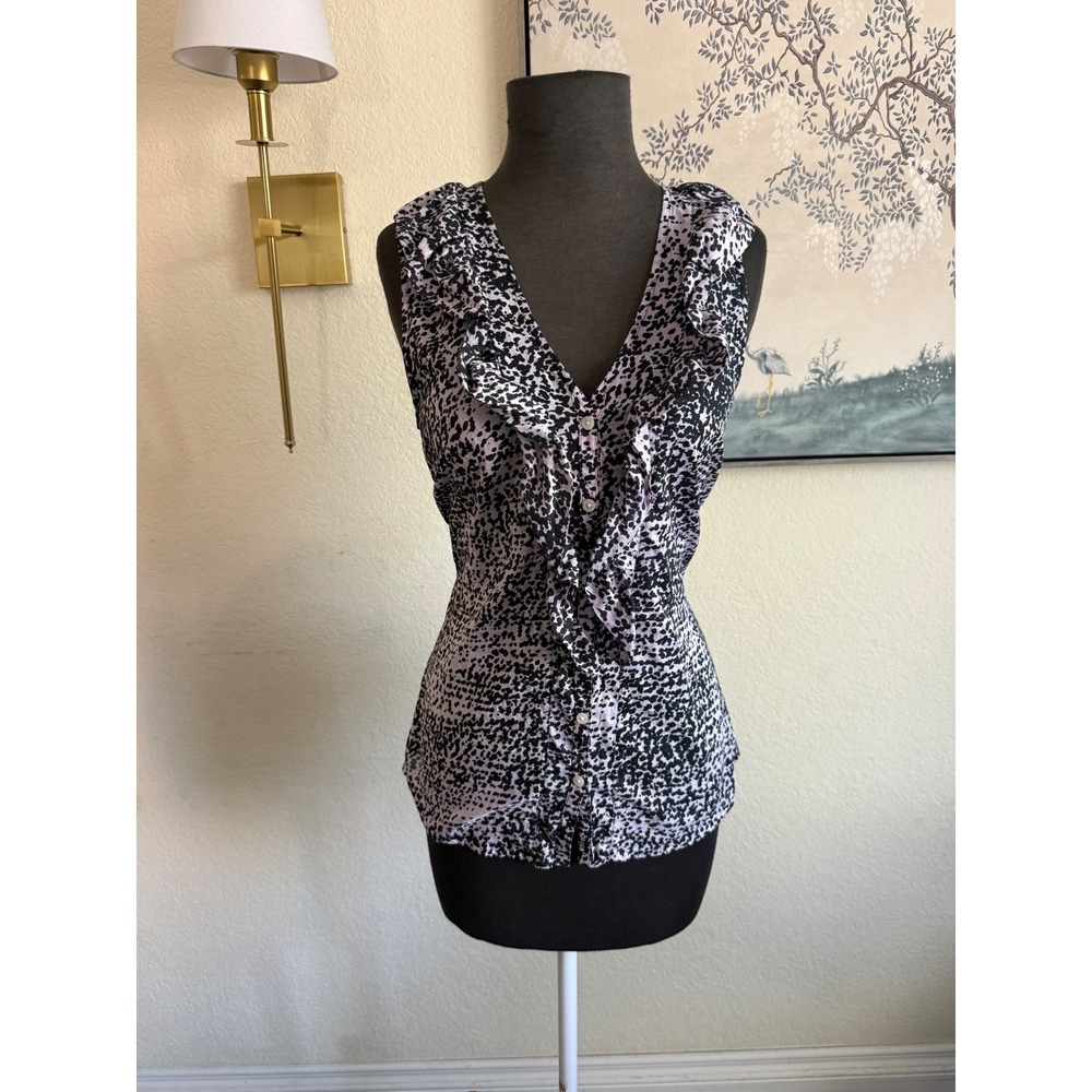 Ann Taylor Black Lavender Dot Print Ruffle V-Neck Sleeveless Blouse Size 6